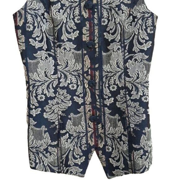 Vtg 80's Vest Artsy Tang Suit Mandarin Jacquard Metallic Fleur De Lis Tunic Sz M - Picture 5 of 8